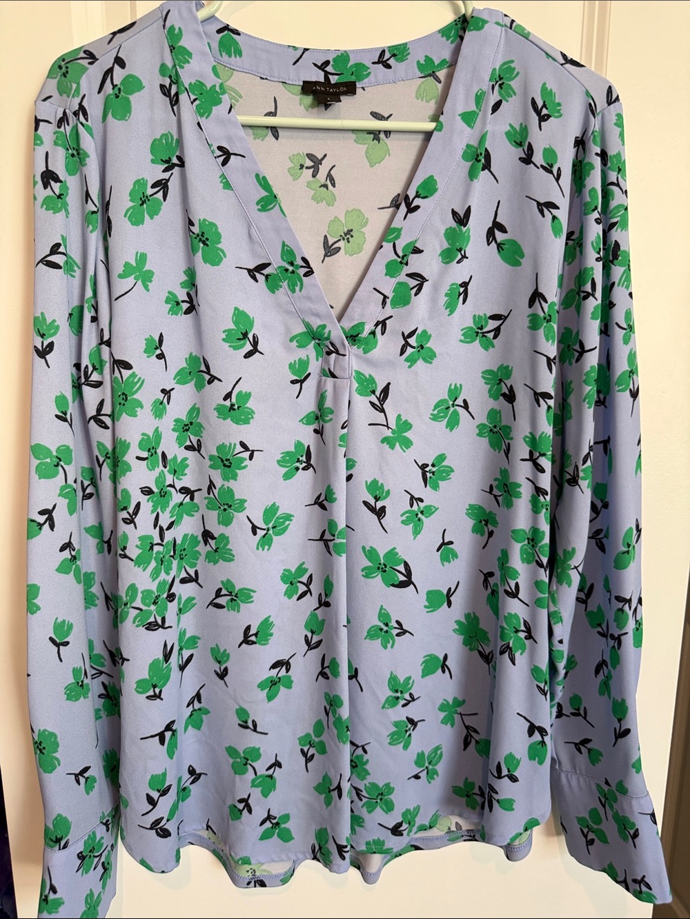 Ann Taylor Light Blue V-Neck Floral Blouse with Green Print